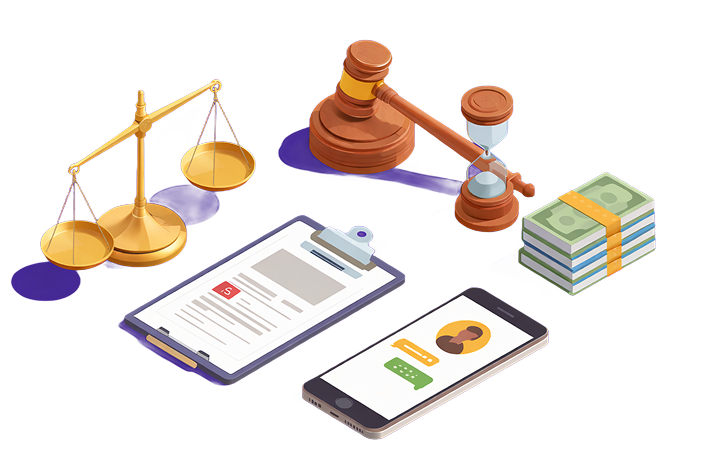 Иллюстрация банкротства - весы правосудия, документы, молоток